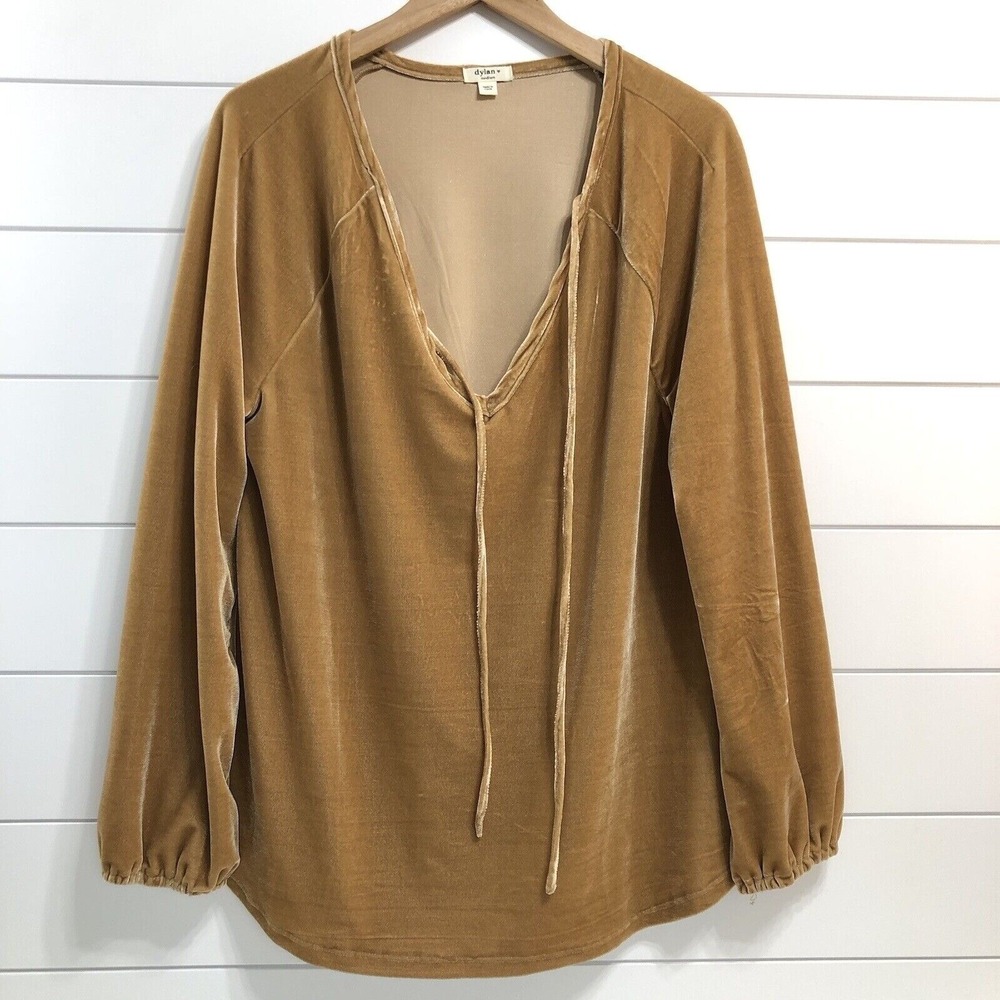 Dylan Women's Tie Front Velvet Top Blouse Size M Gold Peasant‎ Sleeve Texture